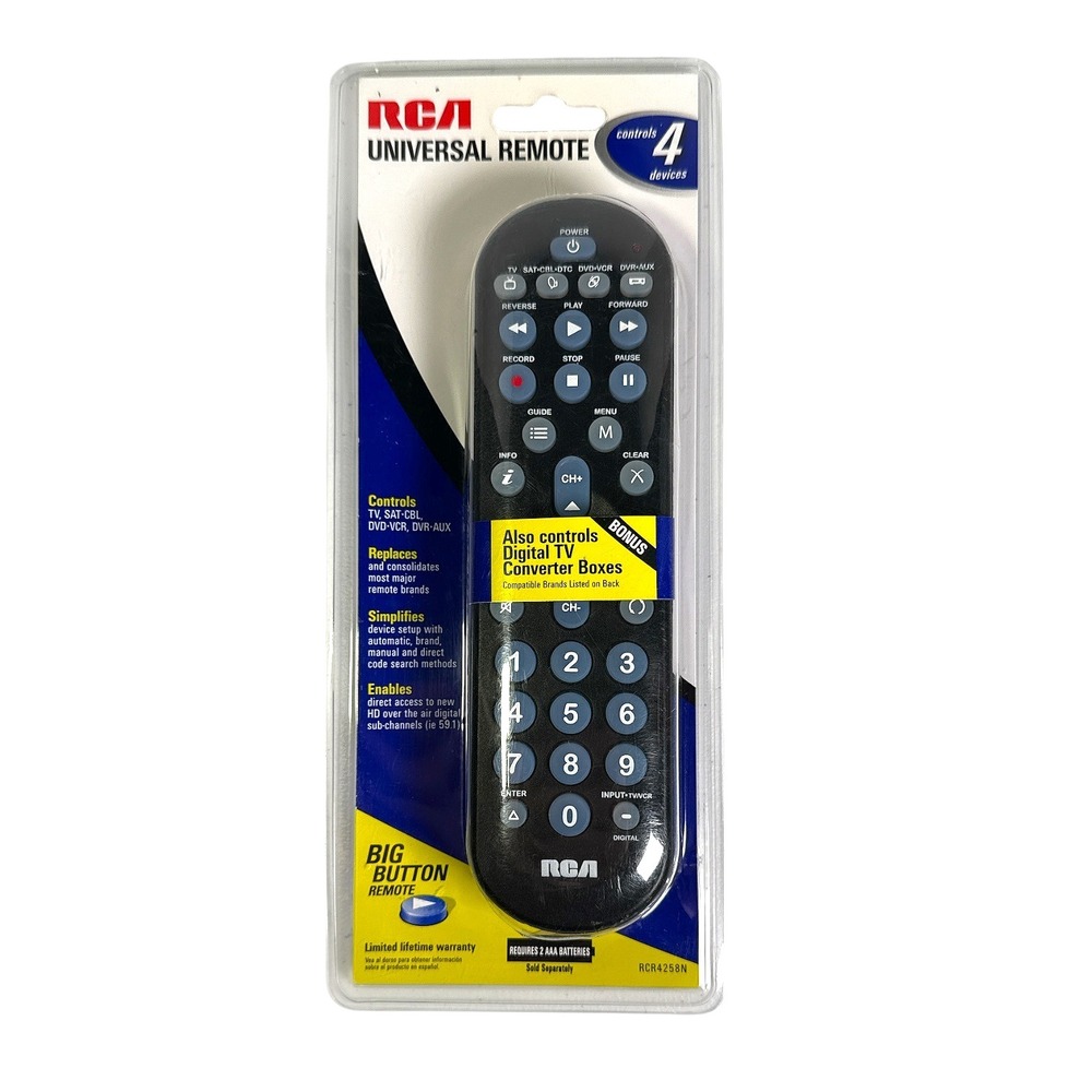 RCA Universal Remote‎ Control 4 Devices Big Button TV DVD CBL SAT AUX RCR4258N